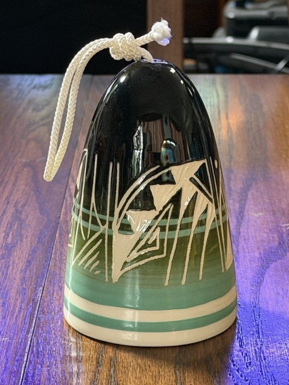 Native American Artist Signed Etched & Hand Painted Pottery Bell Wind Chime USA